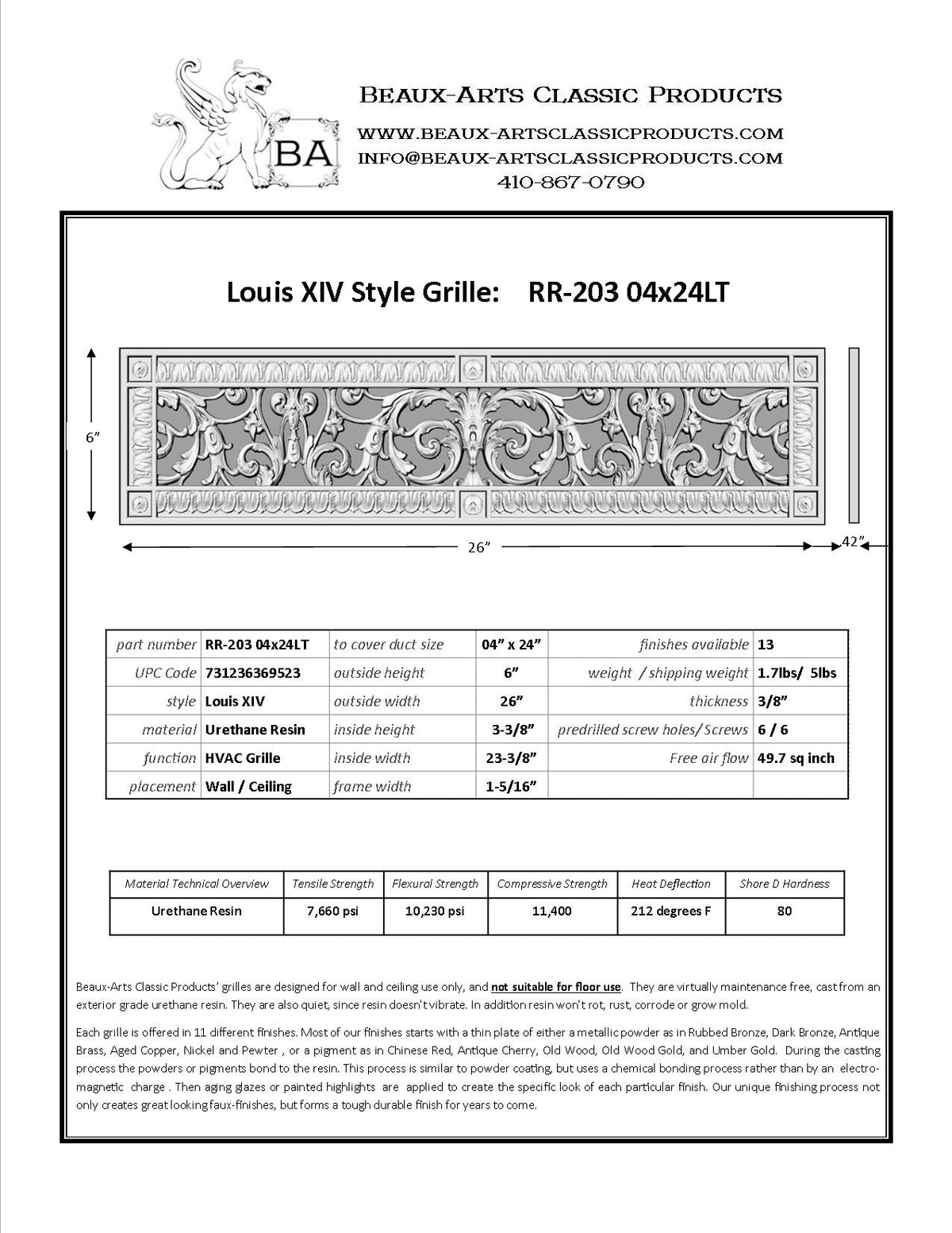French Style-Louis XIV Style Grille:  Covers a 4"x24" Duct/Opening | Vent Cover