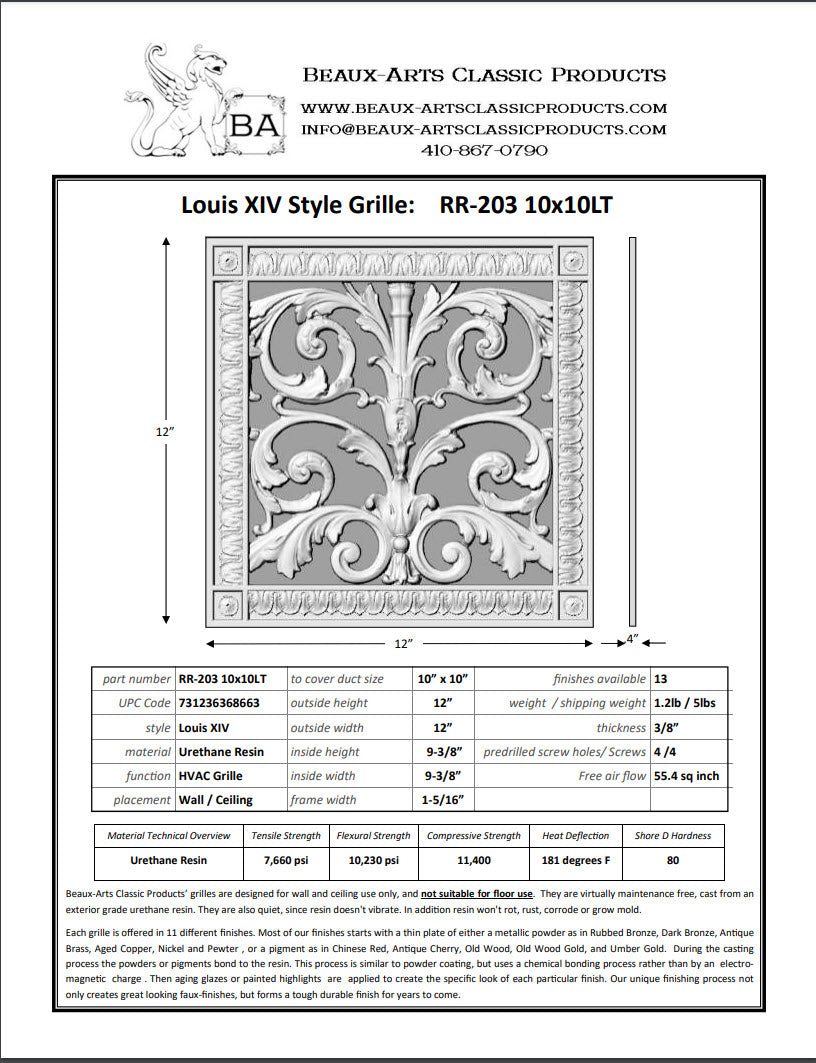Spec sheet for 10x10" duct size Louis XIV style vent cover by Beaux-Arts