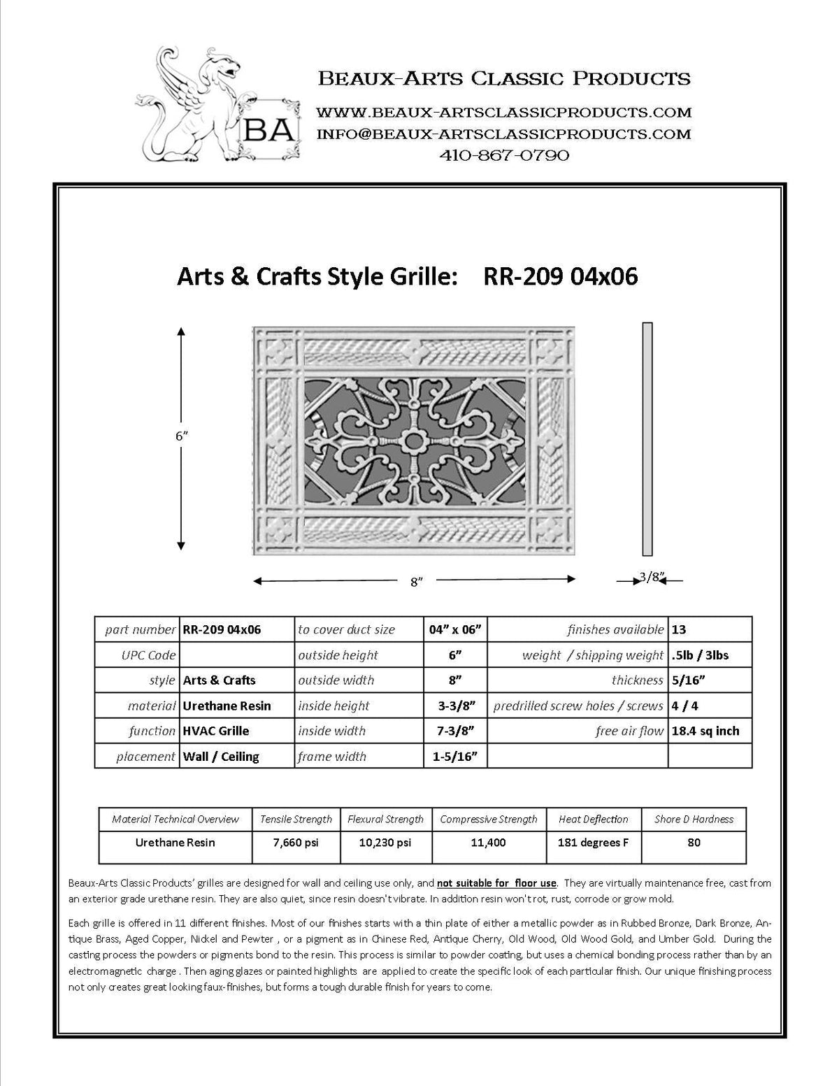 Spec sheet for Beaux-Arts vent cover | Craftsman style grille