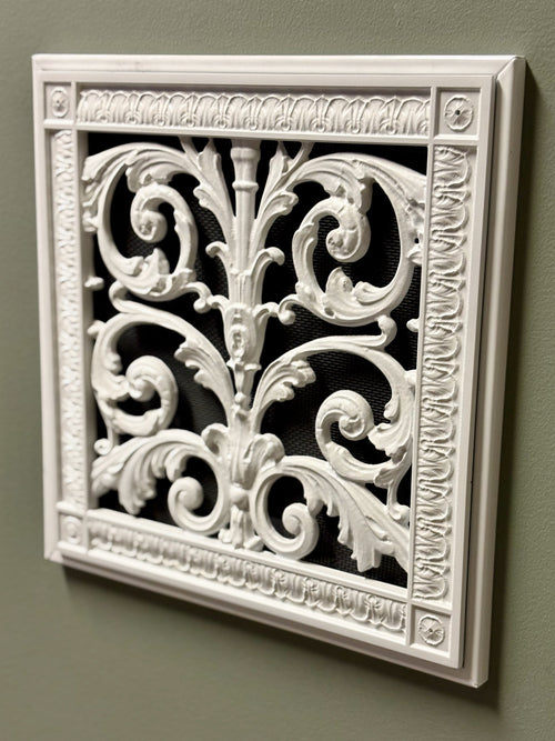 Magnetic return air filter grille made by Beaux-Arts Classic Products. Louis XIV style in white finish for a 10x10x1 filter. Installed. 