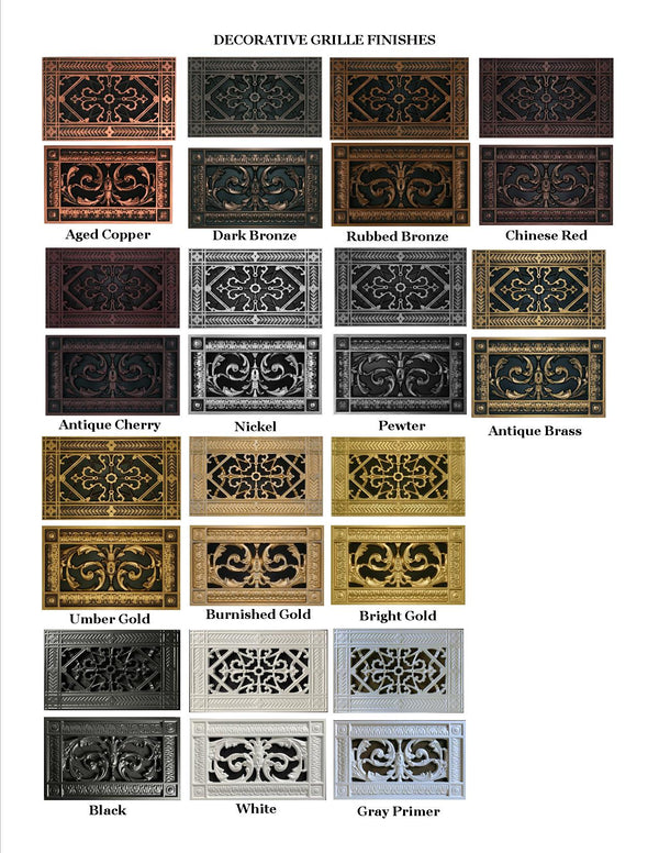 Available finishes for Beaux-Arts decorative grilles, vent covers