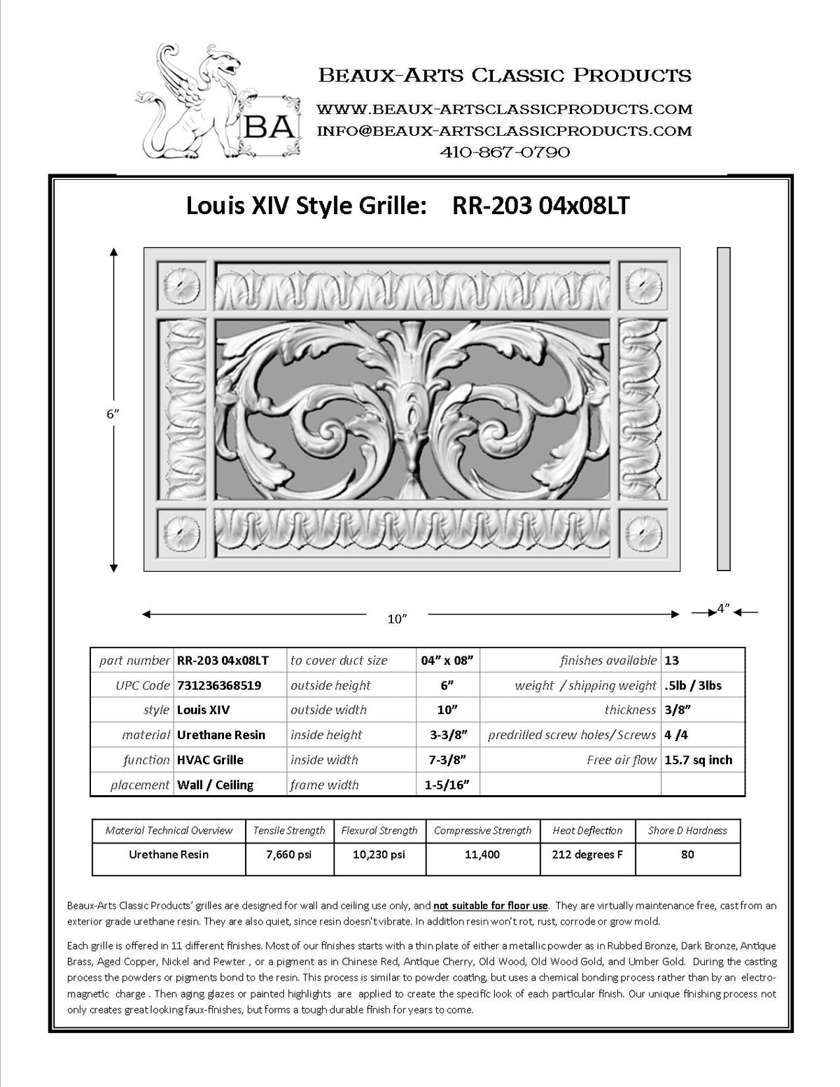 French Style-Louis XIV Grille:  Covers a 4"x8" Duct/Opening | Vent Cover