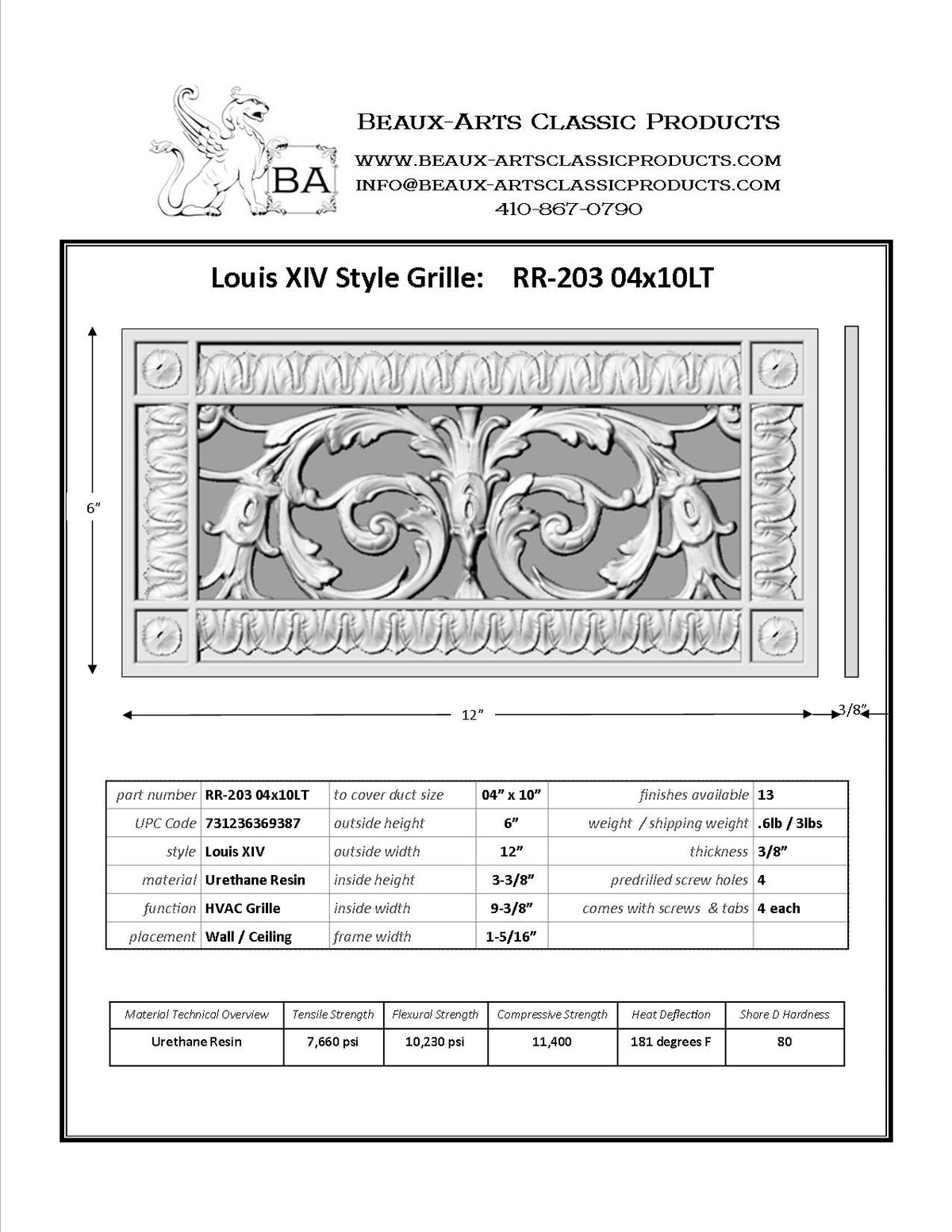 French Style-Louis XIV Grille:  Covers a 4"x10" Duct/Opening | Vent Cover