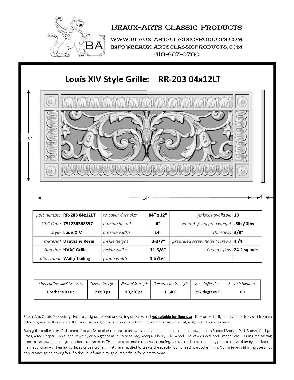 French Style-Louis XIV Grille:  Covers a 4"x12" Duct/Opening | Vent Cover