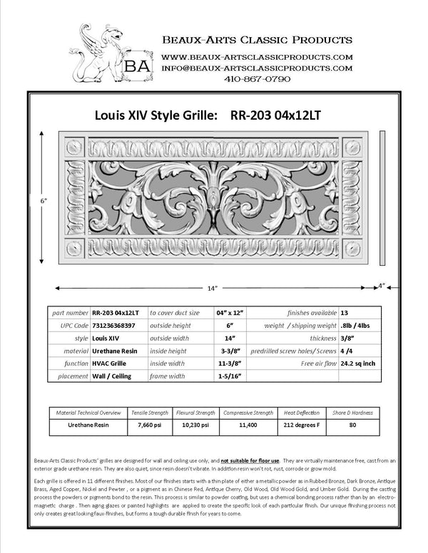French Style-Louis XIV Grille:  Covers a 4"x12" Duct/Opening | Vent Cover