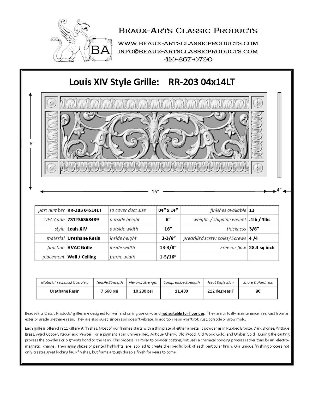 French Style-Louis XIV Grille:  Covers a 4"x14" Duct/Opening | Vent Cover