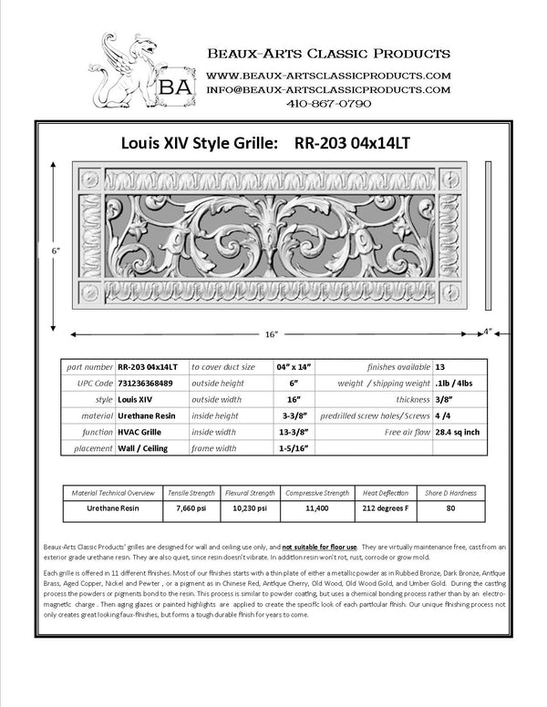 French Style-Louis XIV Grille:  Covers a 4"x14" Duct/Opening | Vent Cover