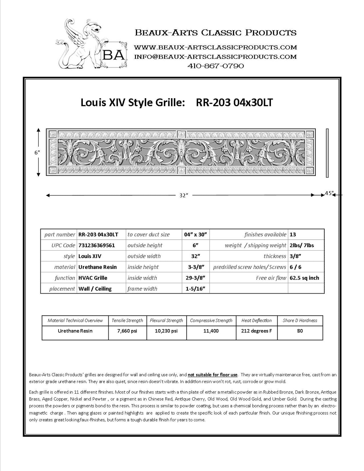 French Style-Louis XIV Style Grille:  Covers a 4"x30" Duct/Opening | Vent Cover