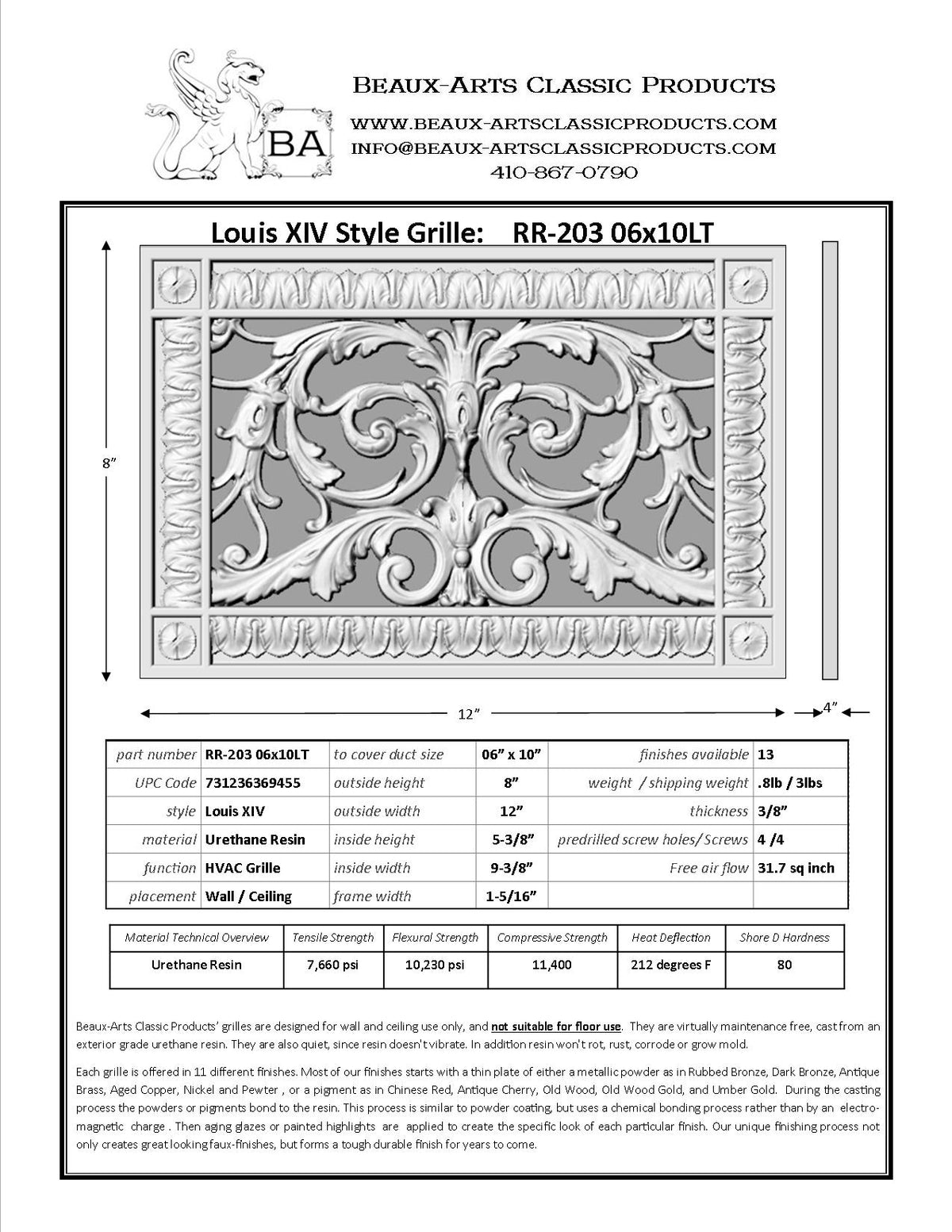 Spec sheet for Louis XIV style vent cover to fit a 6" x 10" duct