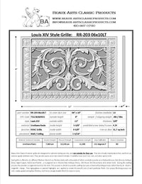 Spec sheet for Louis XIV style vent cover to fit a 6" x 10" duct