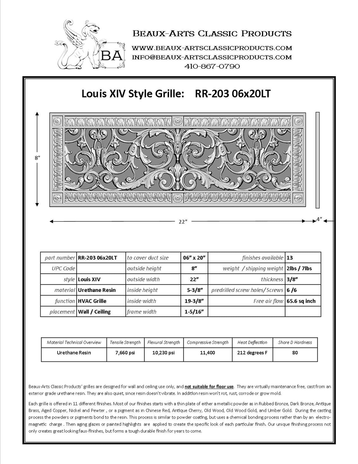 Spec sheet for Louis XIV style vent cover by Beaux-Arts for a 6"x20" duct