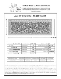 Spec sheet for Louis XIV style vent cover by Beaux-Arts for a 6"x20" duct