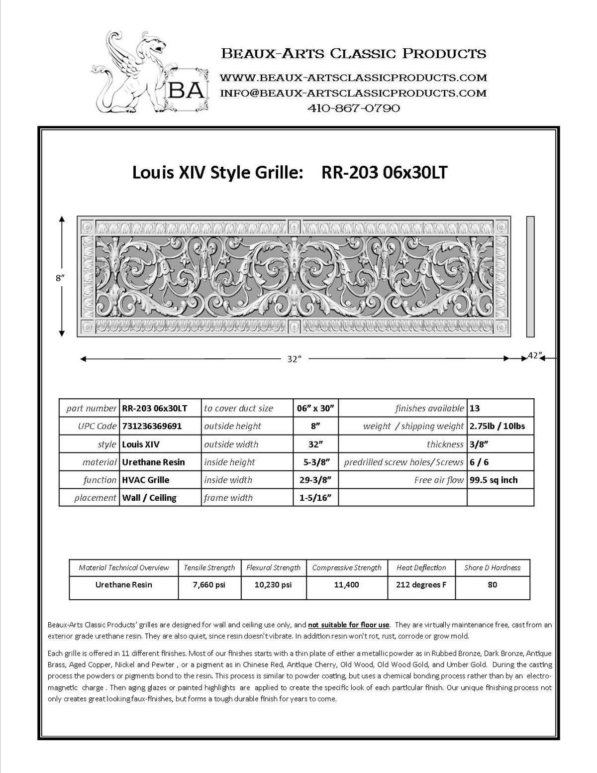 French Style-Louis XIV Grille:  Covers a 6"x30" Duct/Opening | Vent Cover