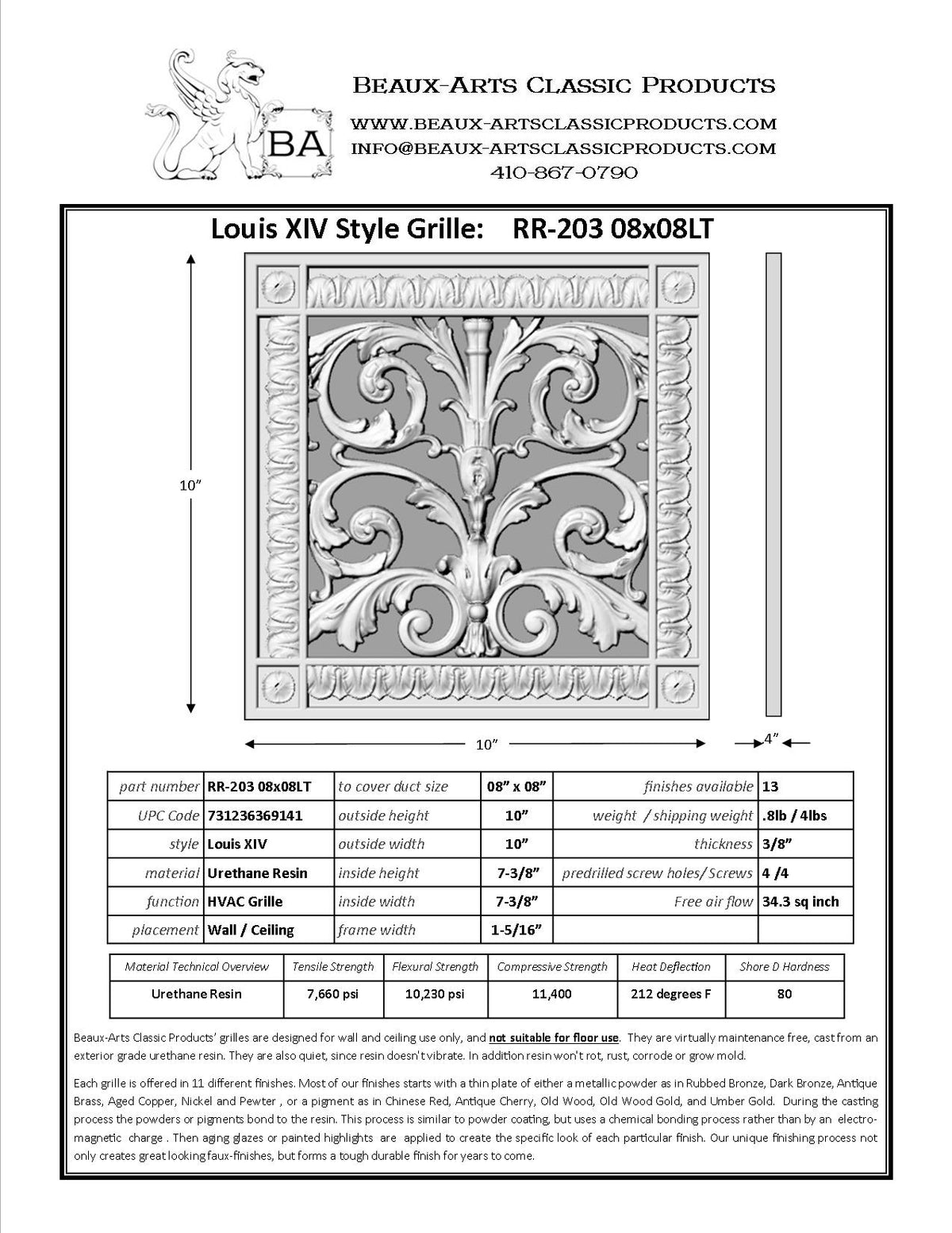 Spec sheet for Louis XIV style decorative vent cover by Beaux -Arts to cover an 8"x8" duct