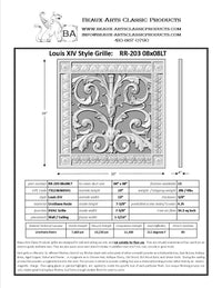 Spec sheet for Louis XIV style decorative vent cover by Beaux -Arts to cover an 8"x8" duct