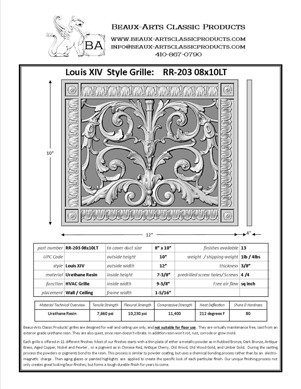 Spec sheet for Louis XIV style vent cover for an 8"x10" duct made by Beaux-Arts 