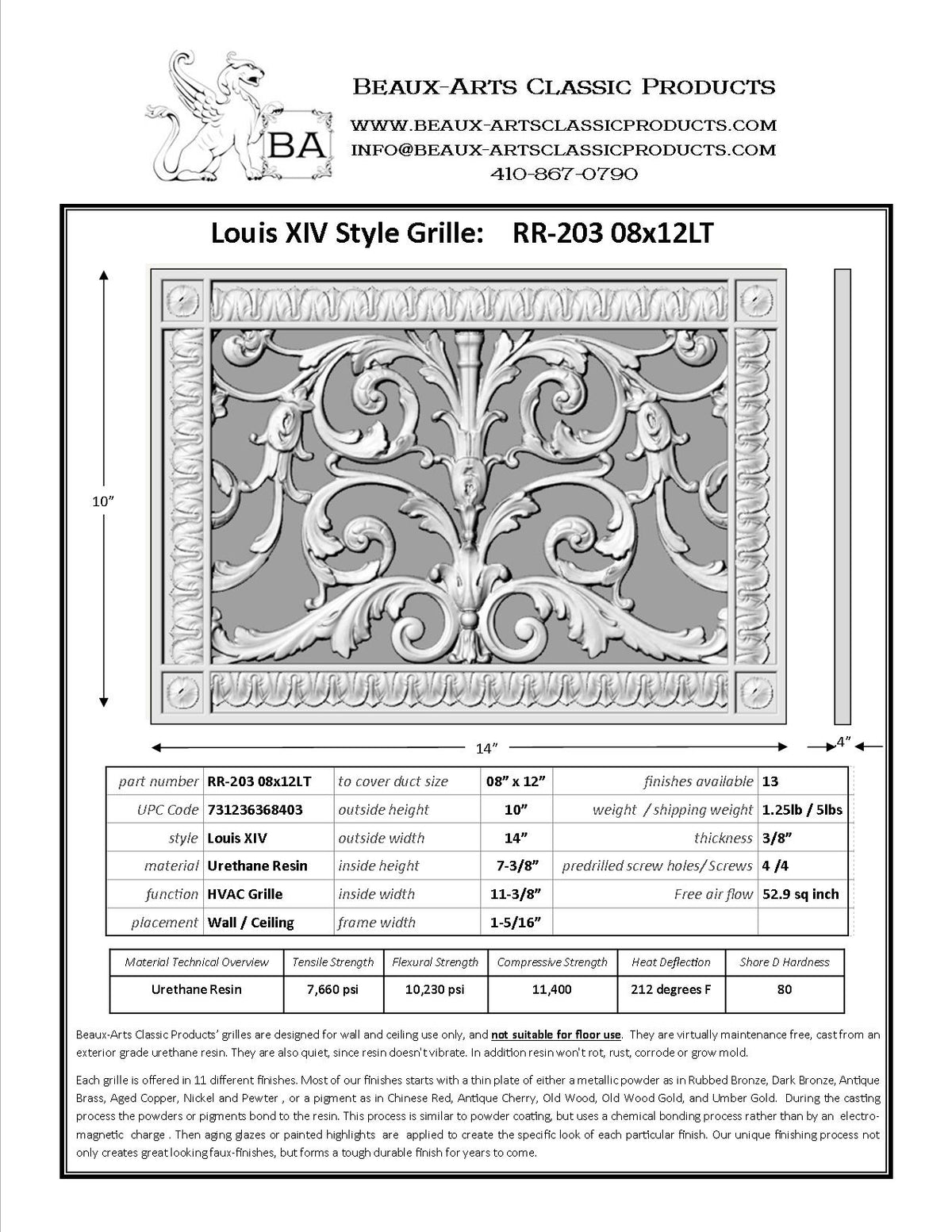 spec sheet for Beaux-Arts Louis XIV style vent cover for an 8"x12" duct