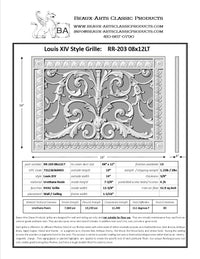 spec sheet for Beaux-Arts Louis XIV style vent cover for an 8"x12" duct