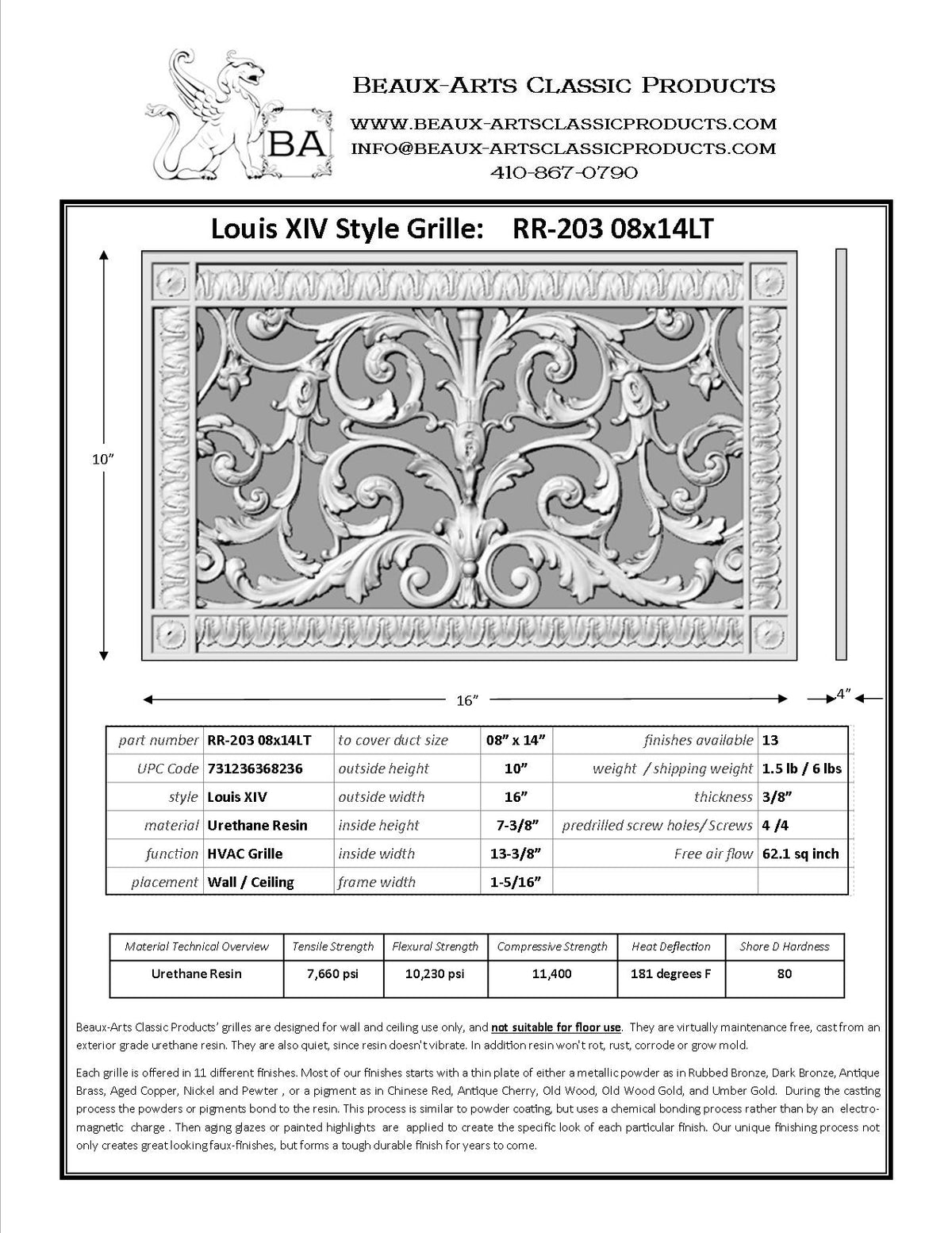 Spec sheet for Beaux-Arts Louis XIV style vent cover | 8"x14" duct size 