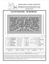 Spec sheet for Louis XIV vent cover for an 8"x16" duct by Beaux-Arts Classic Products