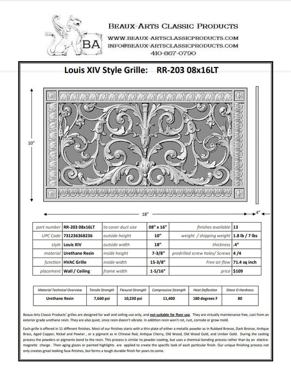 Spec sheet for Louis XIV vent cover for an 8"x16" duct by Beaux-Arts Classic Products