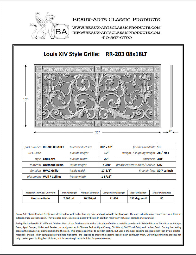 Spec sheet for Beaux-Arts Louis XIV 8"x18" vent cover 