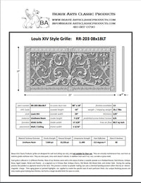 Spec sheet for Beaux-Arts Louis XIV 8"x18" vent cover 