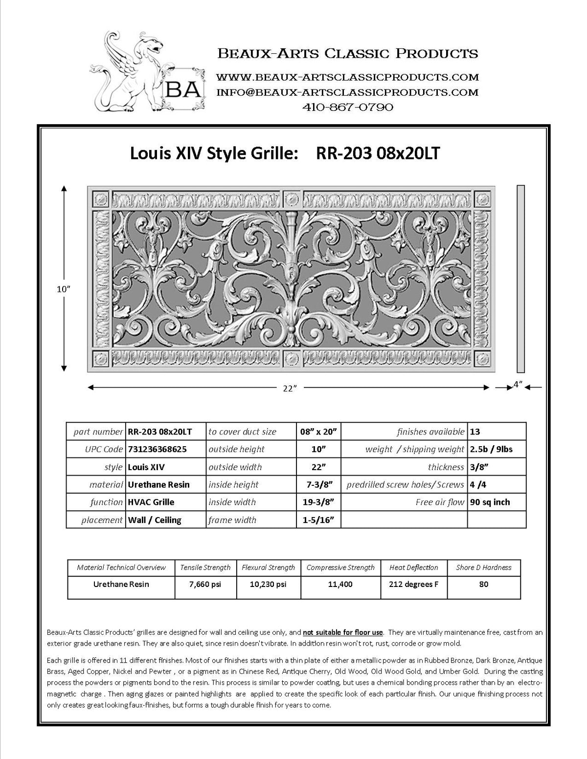 French Style-Louis XIV Grille:  Covers an 8"x20" Duct/Opening | Vent Cover