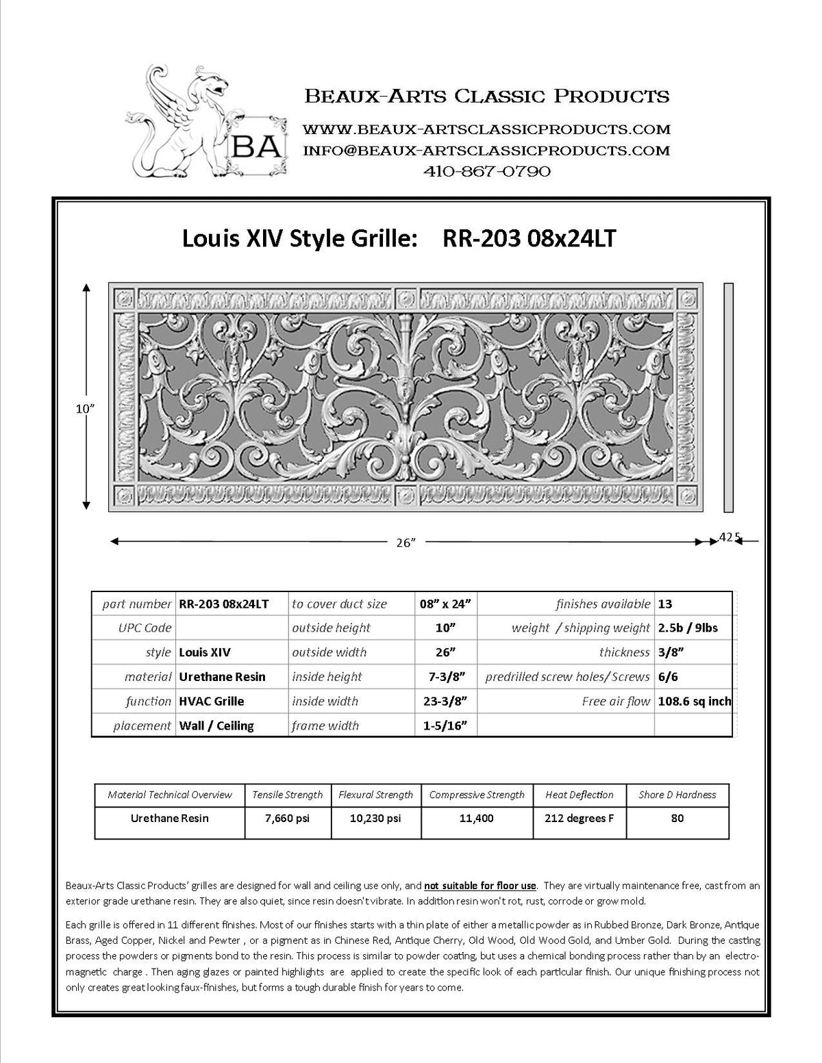 spec sheet for Louis XIV style vent cover by Beaux-Arts 8"x24" duct size