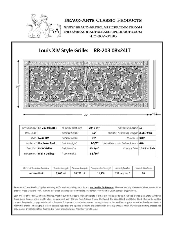 spec sheet for Louis XIV style vent cover by Beaux-Arts 8"x24" duct size