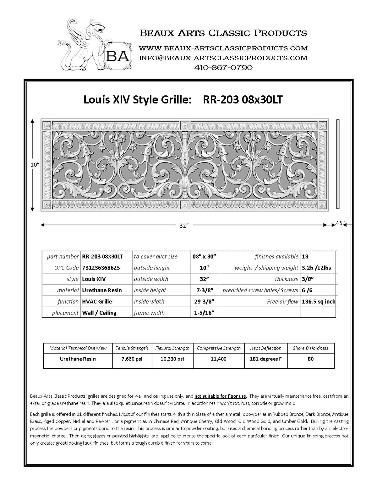 French Style-Louis XIV Grille:  Covers an 8"x30" Duct/Opening | Vent Cover