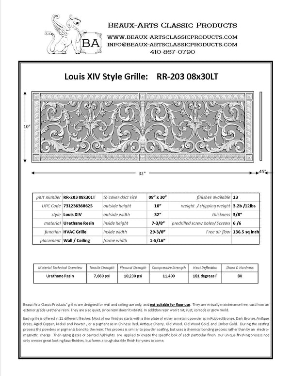 French Style-Louis XIV Grille:  Covers an 8"x30" Duct/Opening | Vent Cover