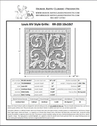 Spec sheet for 10x10" duct size Louis XIV style vent cover by Beaux-Arts