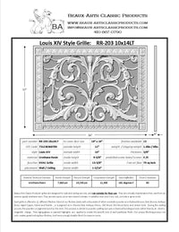 spec sheet for Louis XIV vent cover for 10x14" duct by Beaux-Arts Classic Products