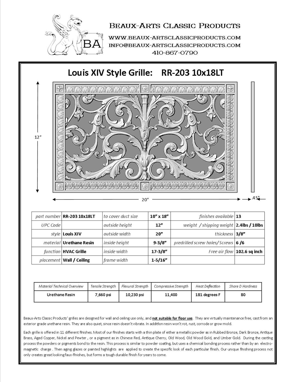 spec sheet for 10x18" duct size Louis XIV decorative vent cover by Beaux-Arts