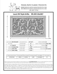 spec sheet for 10x18" duct size Louis XIV decorative vent cover by Beaux-Arts