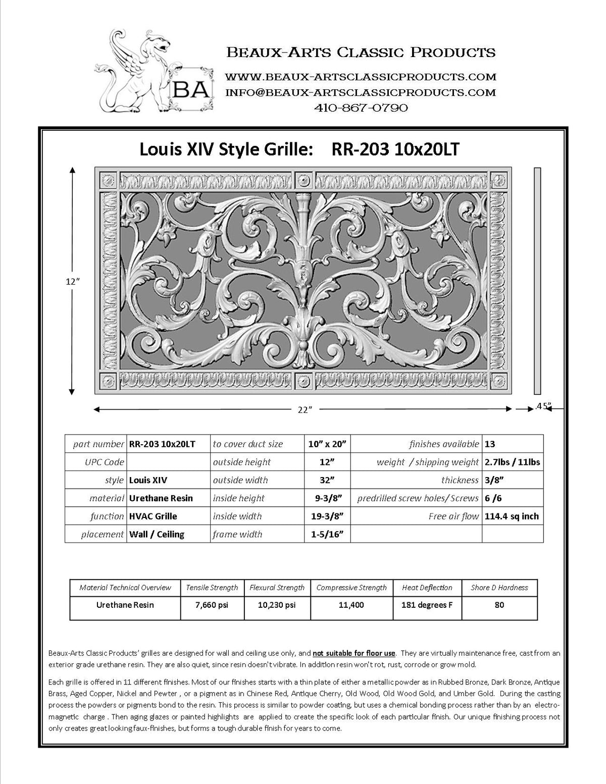 French Style-Louis XIV Grille:  Covers a 10"x20" Duct/Opening | Vent Cover