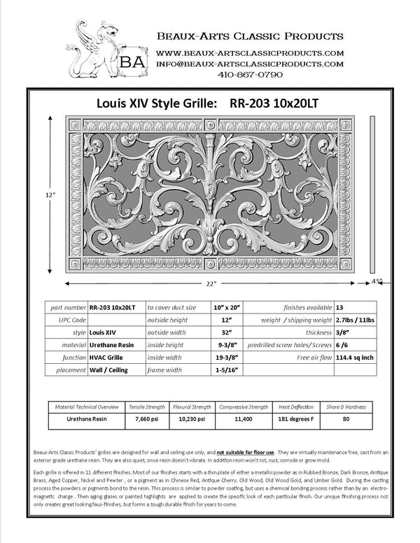 Spec Sheet for Beaux-Arts Vent Covers | French Style | Louis XIV 