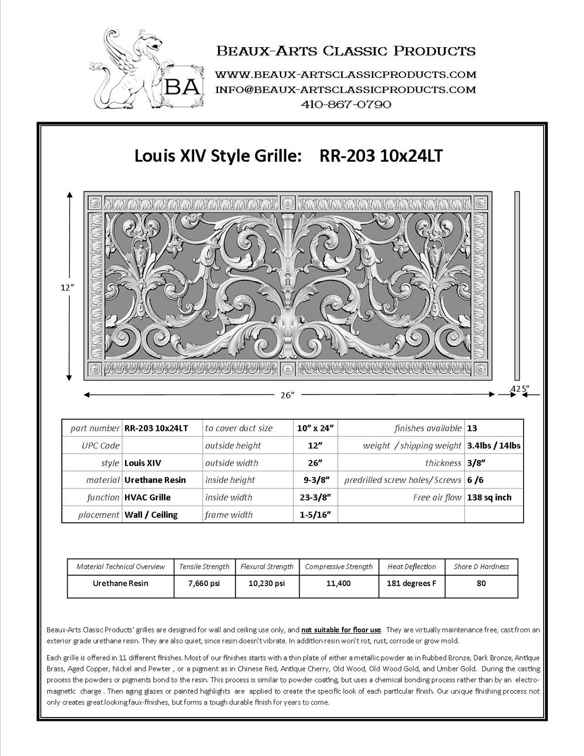 French Style-Louis XIV Grille:  Covers a 10"x24" Duct/Opening | Vent Cover