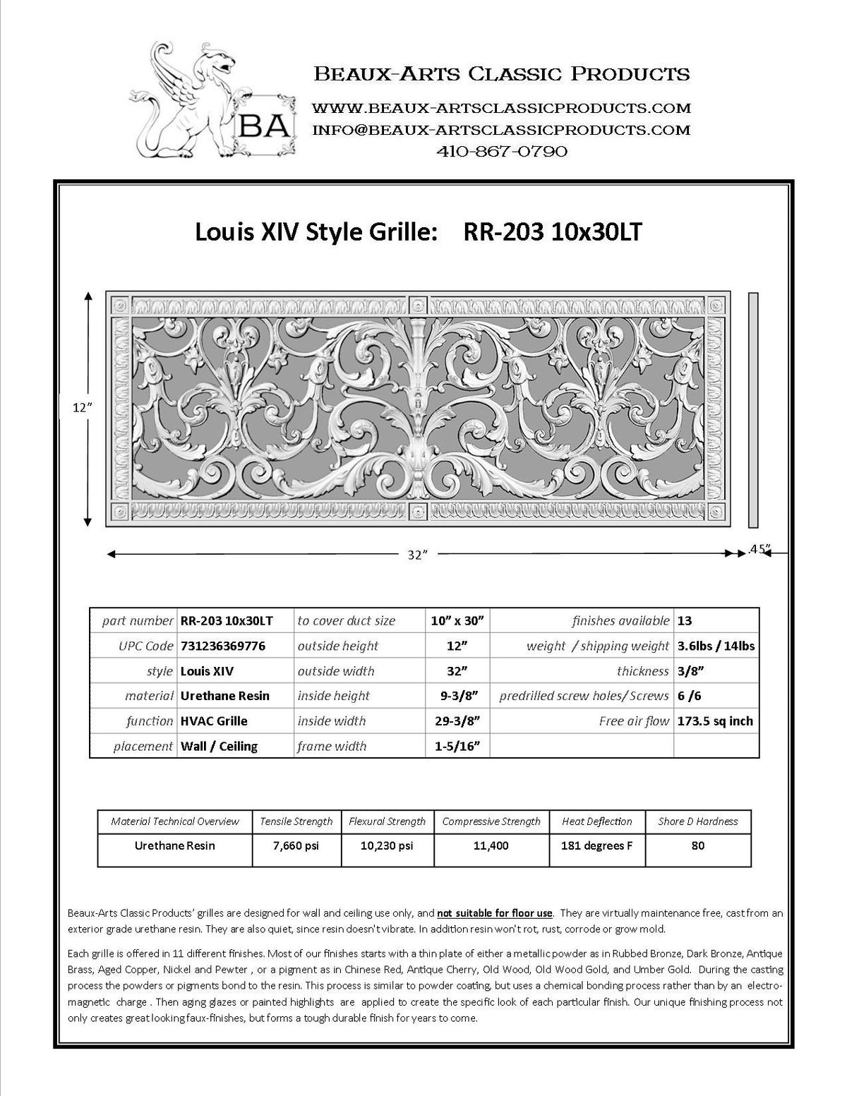 spec sheet for Louis XIV 10x30 duct vent cover 