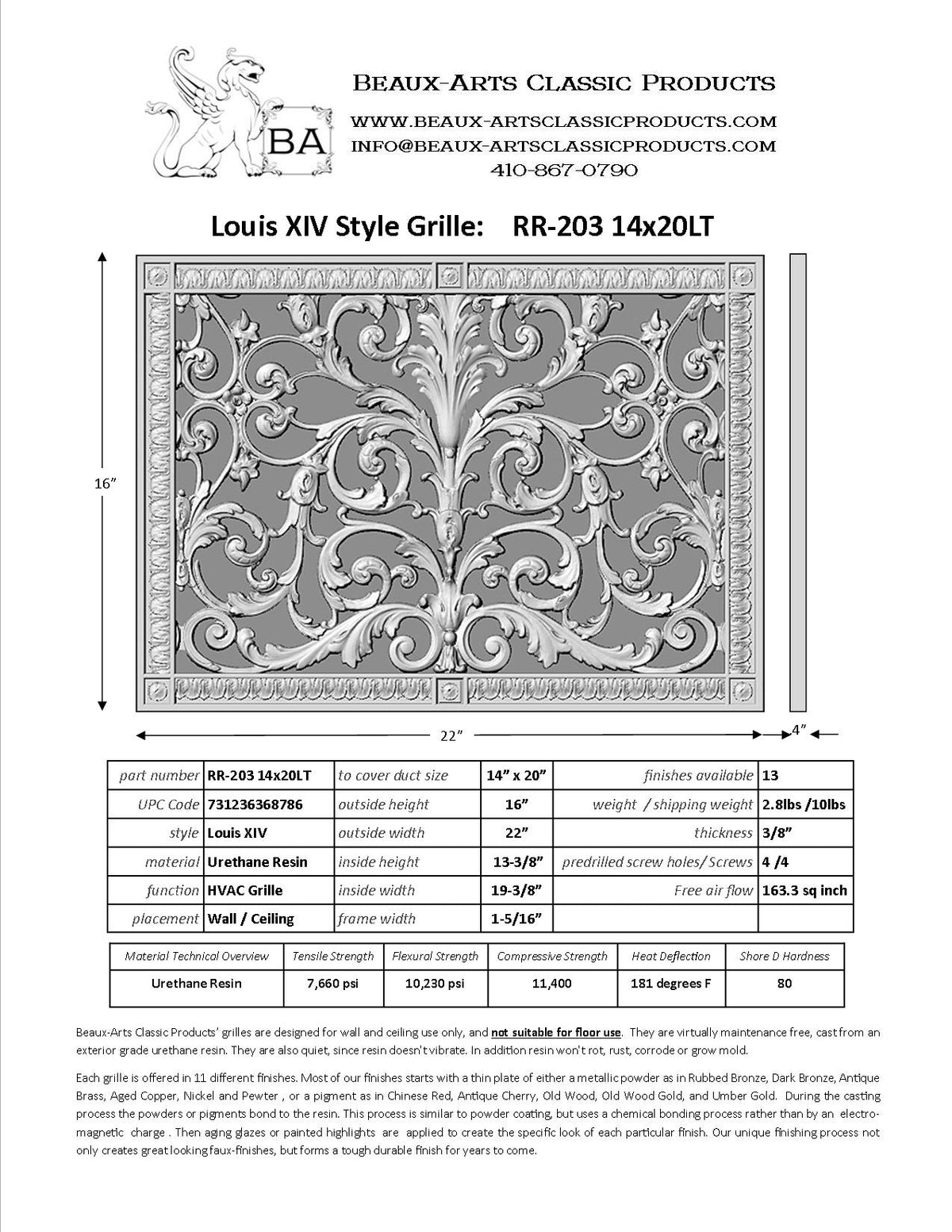 French Style-Louis XIV Grille:  Covers a 14" High x 20" Wide Duct/Opening | Vent Cover