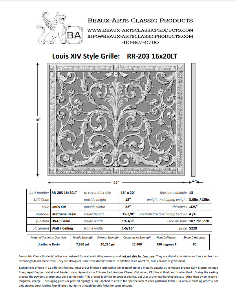 French Style-Louis XIV Grille:  Covers a 16"x20" Duct/Opening | Vent Cover