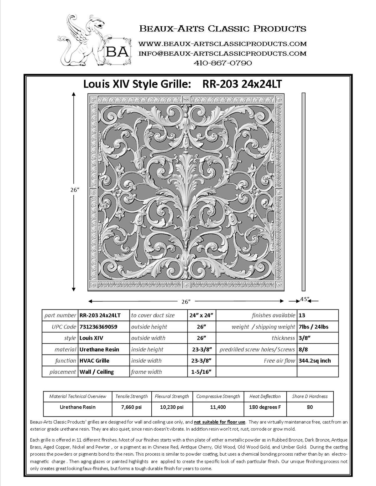 French Style-Louis XIV Style Grille:  Covers a 24" x 24" Duct/Opening | Vent Cover