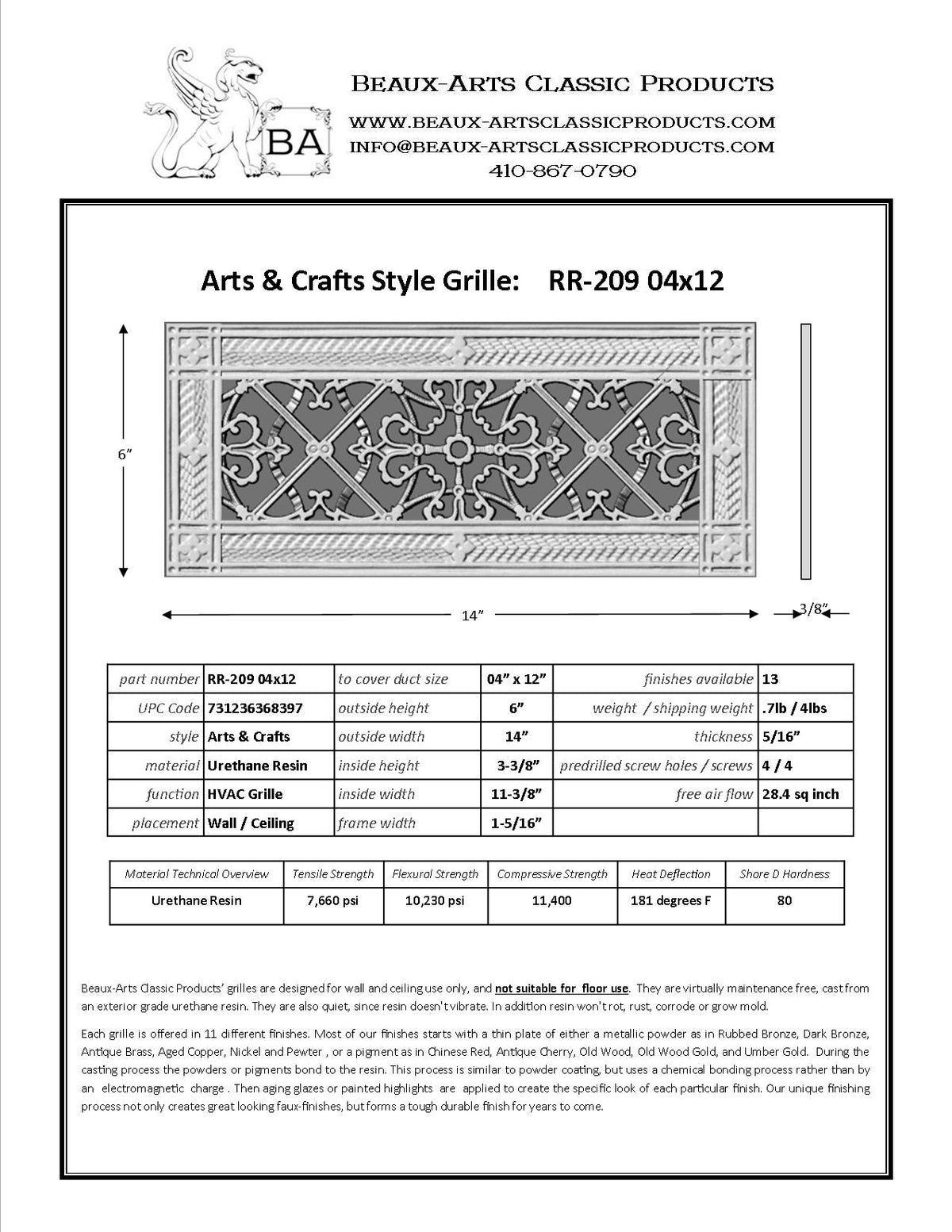 spec sheet for craftsman style vent cover | Beaux-Arts Classic Products grille