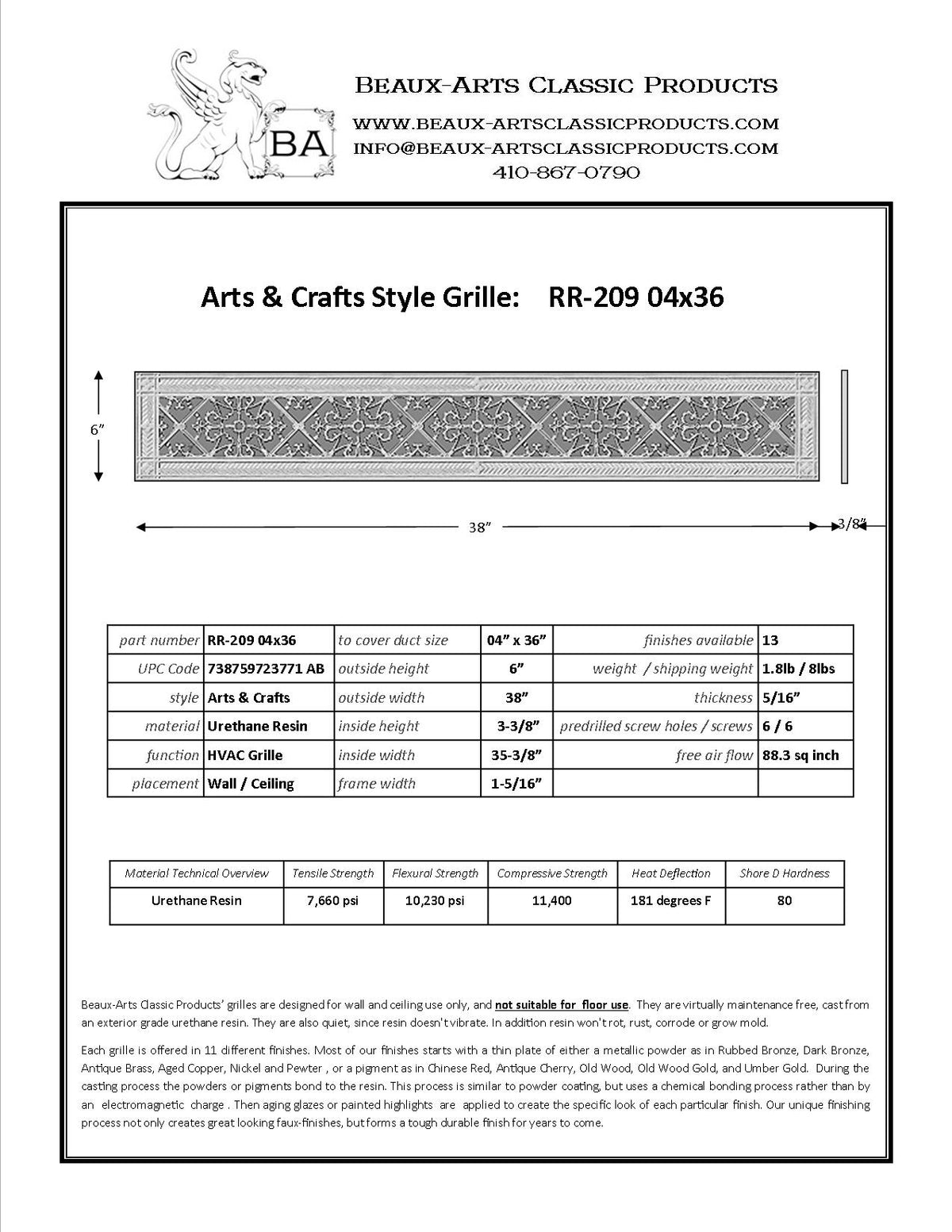 Spec sheet for Craftsman style grille | Vent cover 