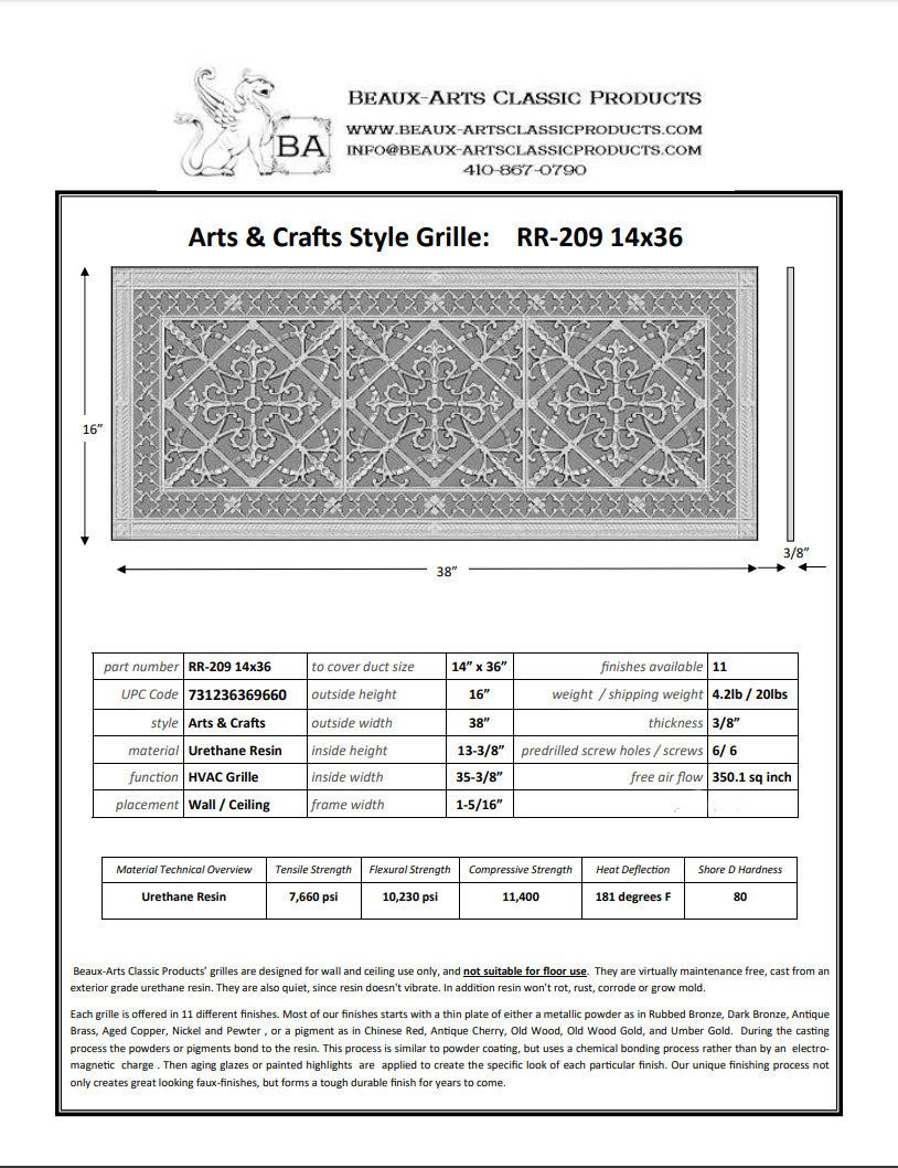 Craftsman Style Grille:  Covers a 14"x36" Duct/Opening | Vent Cover