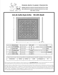 Craftsman Style Grille:  Covers a 20"x20" Duct Opening | Vent Cover