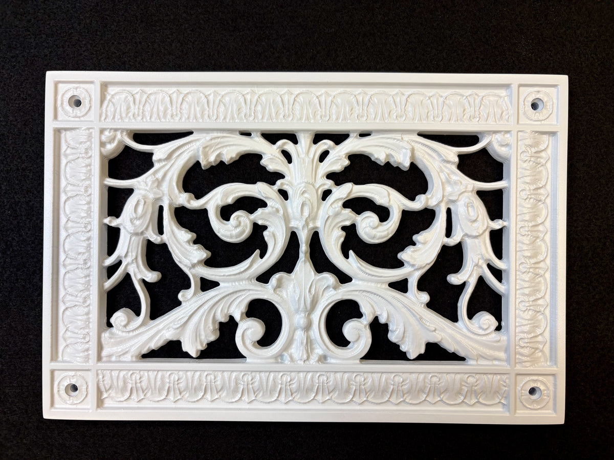 Decorative white vent cover made by Beaux-Arts Classic Products. 6x10 duct size. 