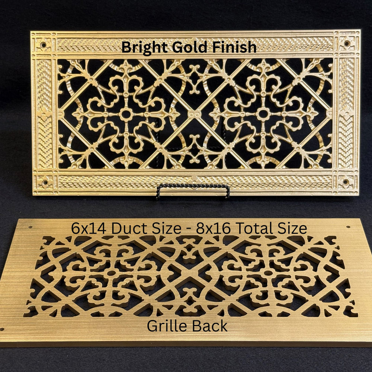 6x14 duct size - front and back view-Craftsman style decorative grille. Bright Gold finish - Made by Beaux-Arts Classic Products
