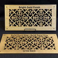 6x14 duct size - front and back view-Craftsman style decorative grille. Bright Gold finish - Made by Beaux-Arts Classic Products